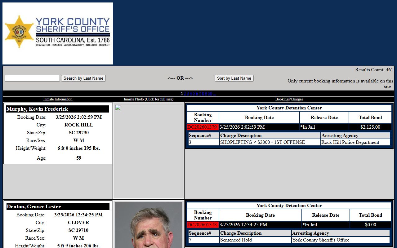 York County Sheriff detainee roster for York County people search