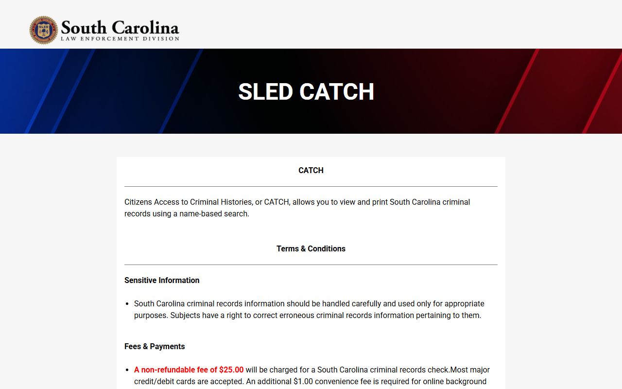 SLED CATCH criminal history people search in South Carolina